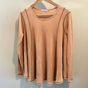 Ces Femme Small Wavy Ribbed Knit Contrast Stitched Top NWOT